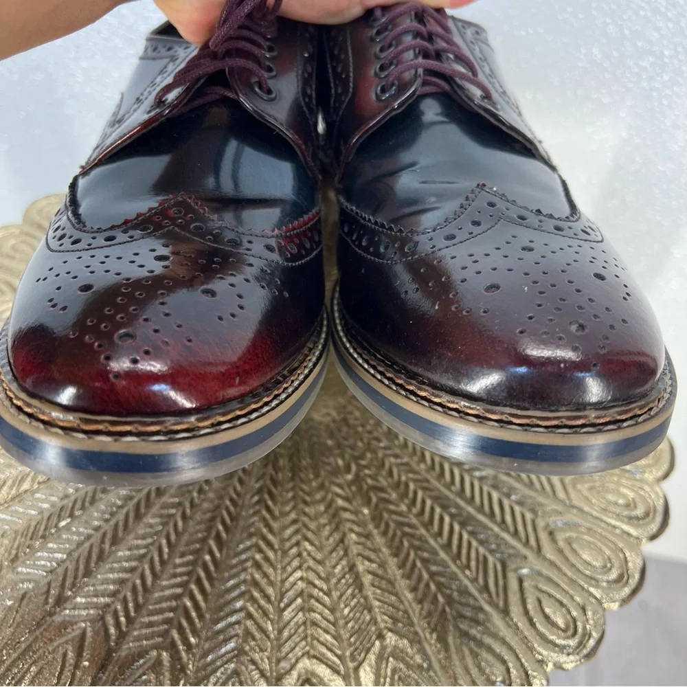 Base London Men’s Leather Brogue Wingtip Oxford Dress Shoes Burgundy‎